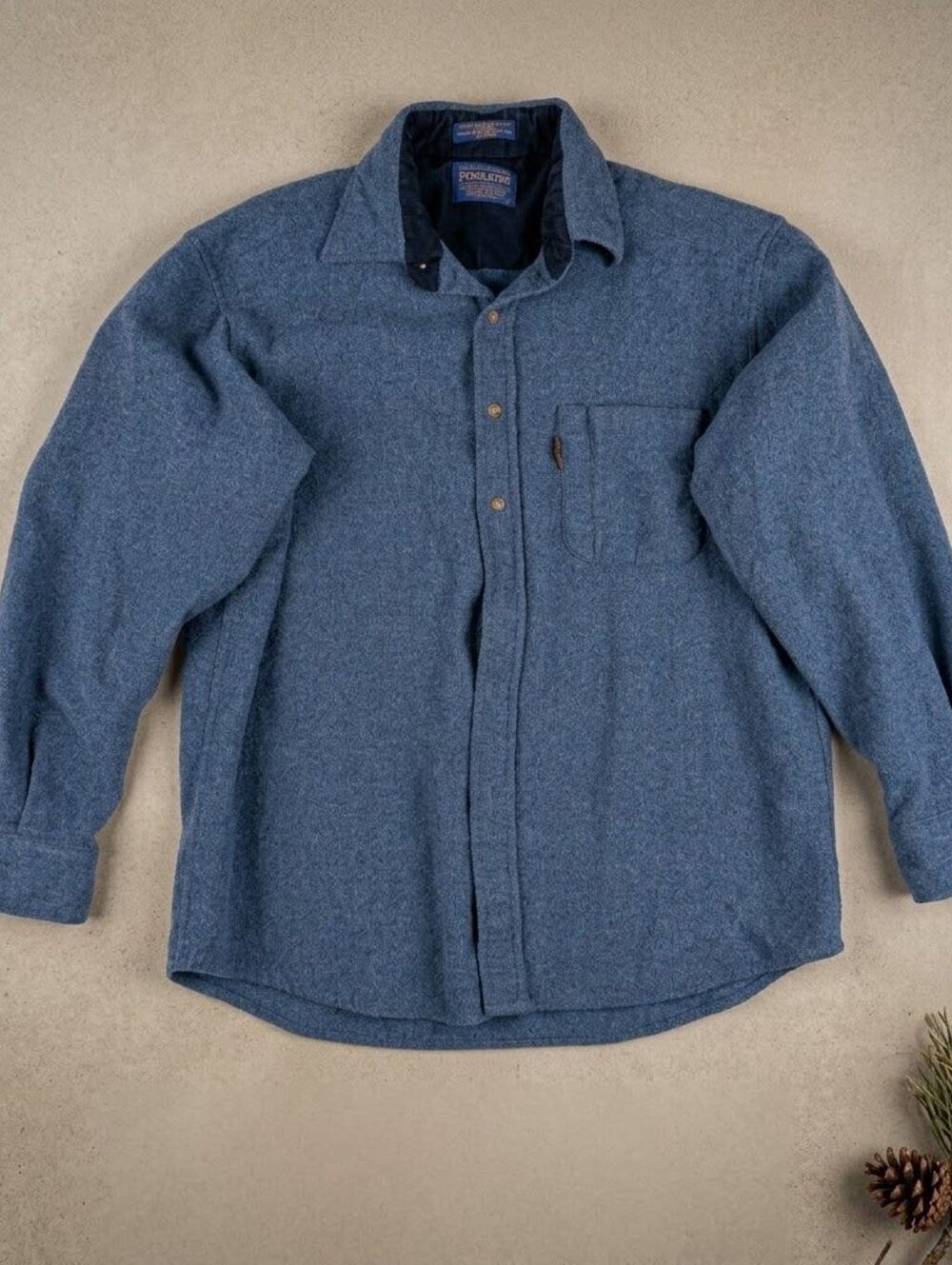Vintage Pendleton L Blue Virgin Wool Flannel Suede Patches Cabincore Granola - Picture 6 of 10